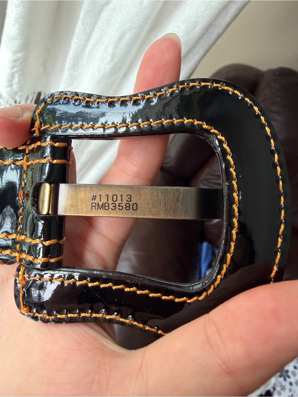 B-FENDI Black Patent Belt with Orange Stitching - Picture 4 of 9